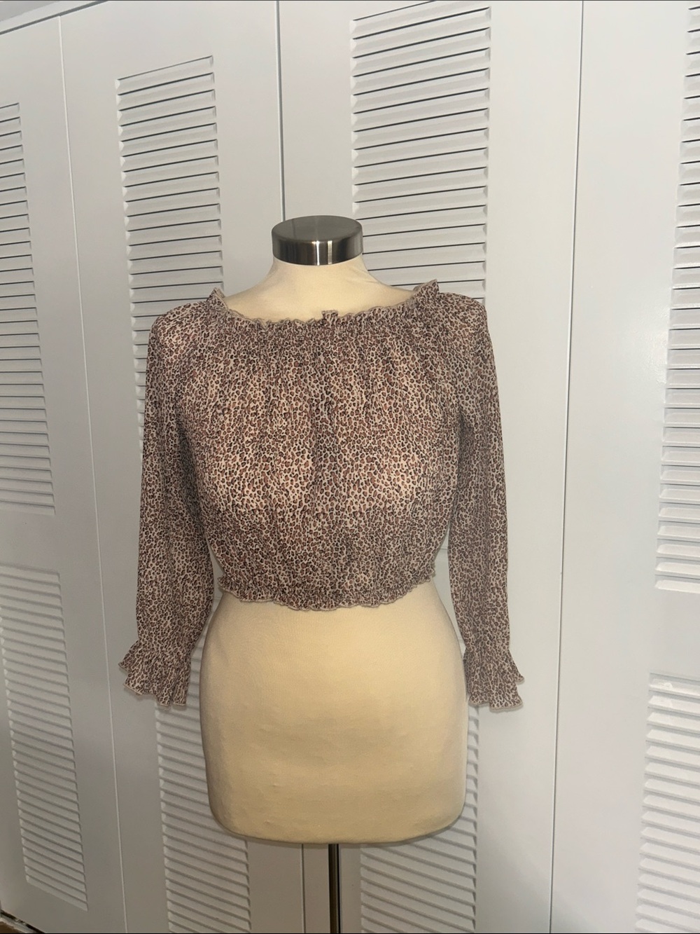 Smocked Leopard Print Off-Shoulder Crop Top - Beige/Brown